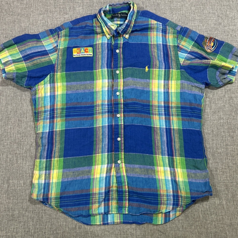 Polo Ralph Lauren Shirt Mens Sz XL 100% Linen Colorful Plaid Button Beach Preppy